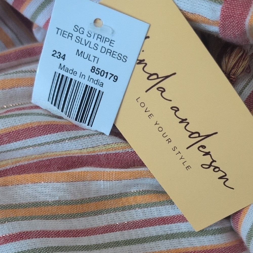 Linda Anderson New Elegant Striped Midi Sleeveless Tier Sleeves Dress L - Picture 7 of 9